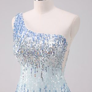 Sparkly Light Blue One Shoulder Sequins Bodycon Mini Dress - Image 6