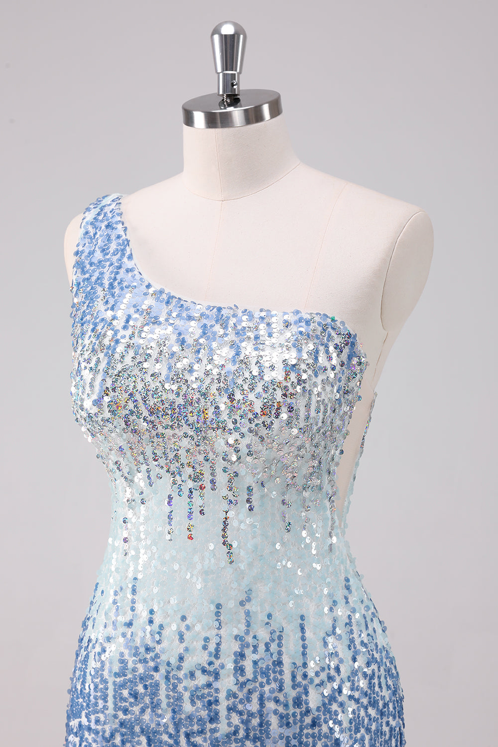 Sparkly Light Blue One Shoulder Sequins Bodycon Mini Dress - Image 6