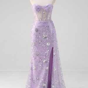 Sparkly Light Purple Corset Mermaid Strapless Prom Dress with Slit - Image 1