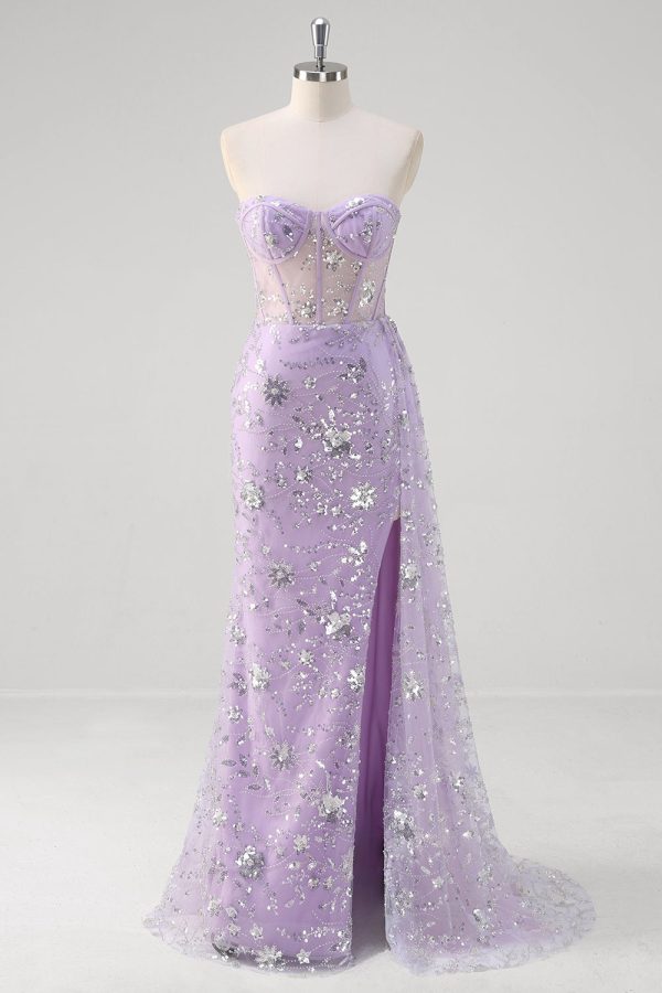 Sparkly Light Purple Corset Mermaid Strapless Prom Dress with Slit