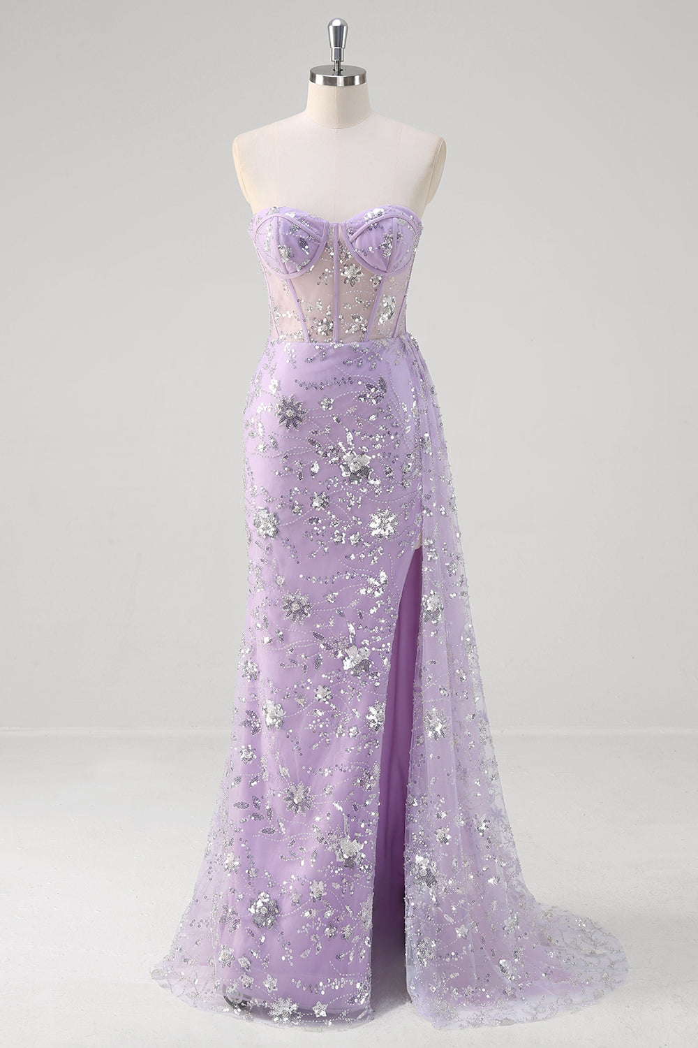 Sparkly Light Purple Corset Mermaid Strapless Prom Dress with Slit - Image 1