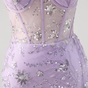 Sparkly Light Purple Corset Mermaid Strapless Prom Dress with Slit - Image 6