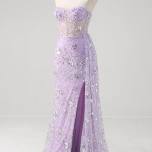 Sparkly Light Purple Corset Mermaid Strapless Prom Dress with Slit - Image 3