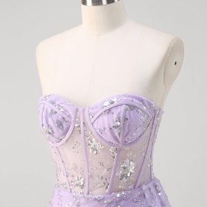 Sparkly Light Purple Corset Mermaid Strapless Prom Dress with Slit - Image 5
