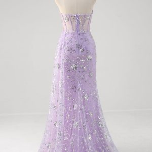Sparkly Light Purple Corset Mermaid Strapless Prom Dress with Slit - Image 2
