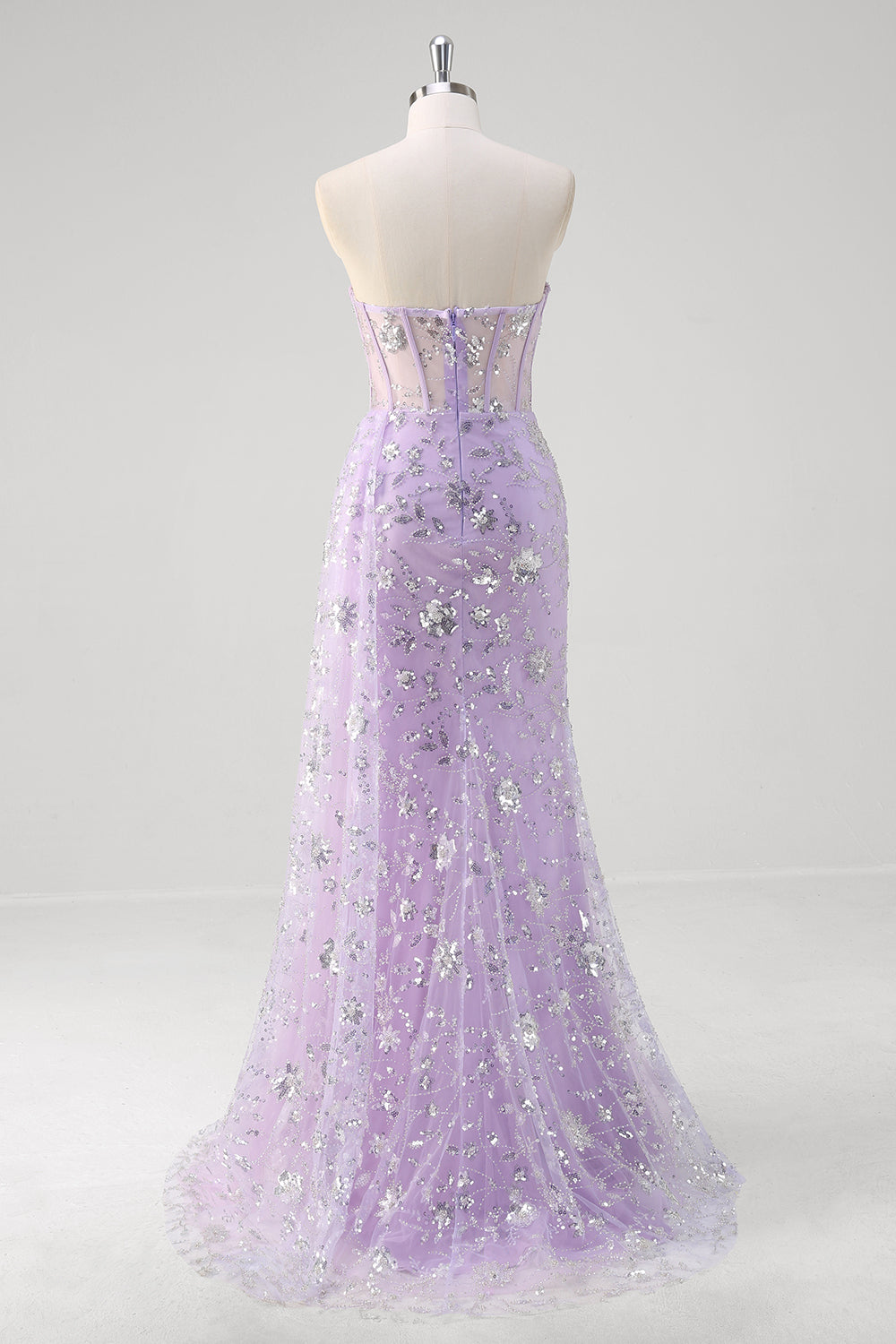 Sparkly Light Purple Corset Mermaid Strapless Prom Dress with Slit - Image 2
