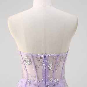 Sparkly Light Purple Corset Mermaid Strapless Prom Dress with Slit - Image 4