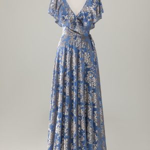 Sparkly Grey Blue Print Ruffled V Neck Pleated Maxi Dress - Image 1