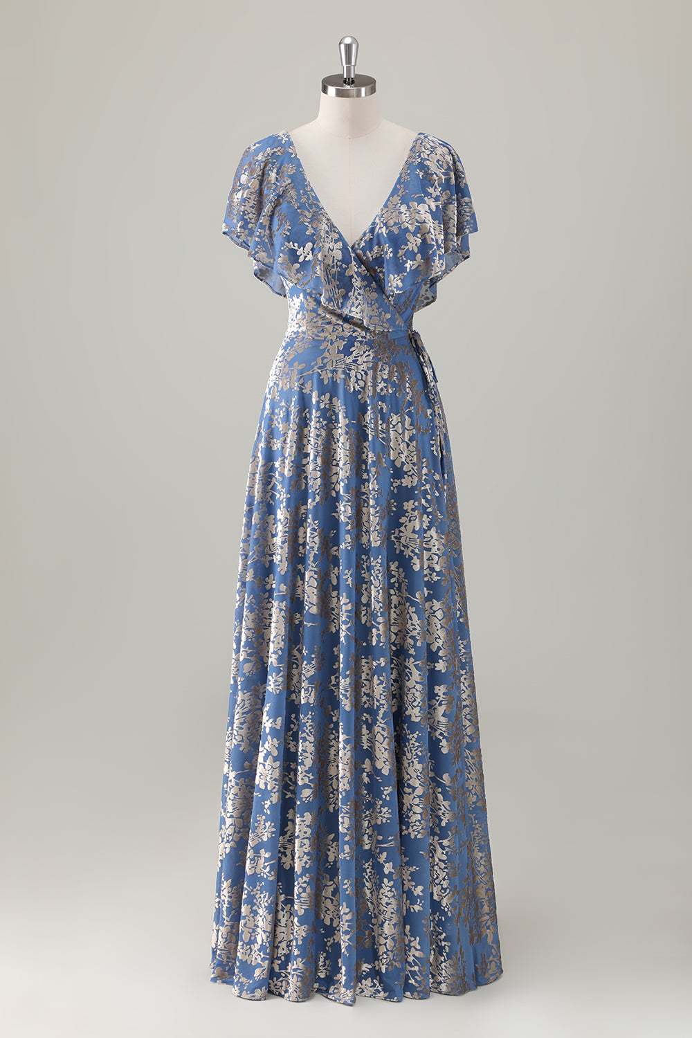 Sparkly Grey Blue Print Ruffled V Neck Pleated Maxi Dress - Image 1