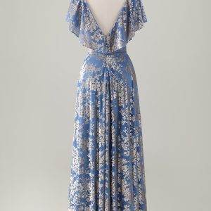 Sparkly Grey Blue Print Ruffled V Neck Pleated Maxi Dress - Image 2