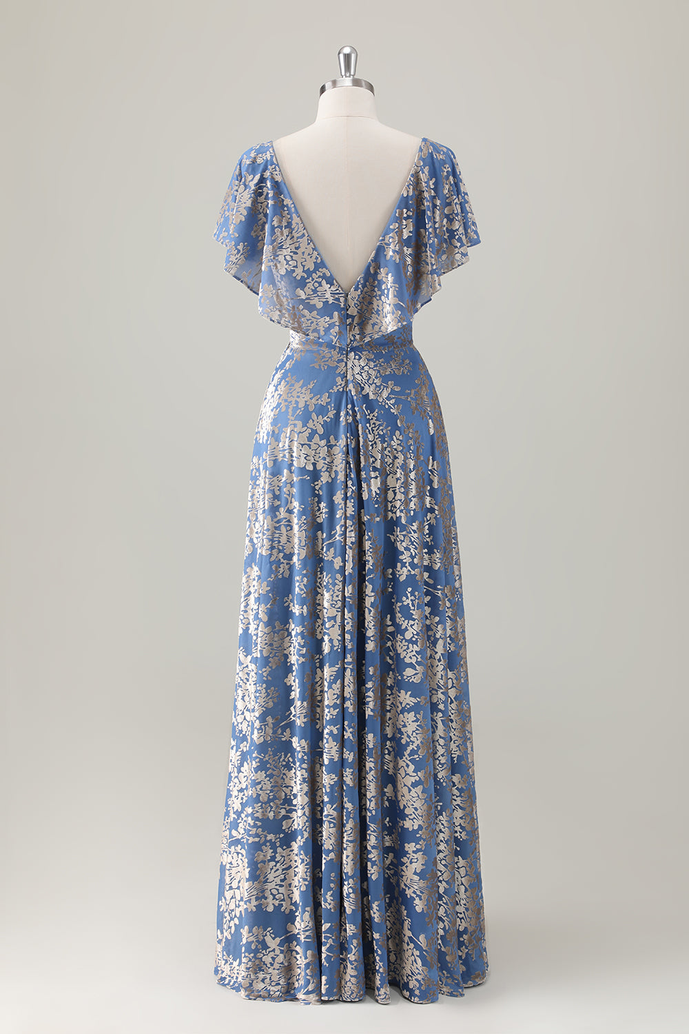 Sparkly Grey Blue Print Ruffled V Neck Pleated Maxi Dress - Image 2