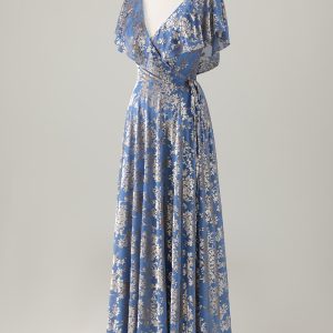 Sparkly Grey Blue Print Ruffled V Neck Pleated Maxi Dress - Image 3