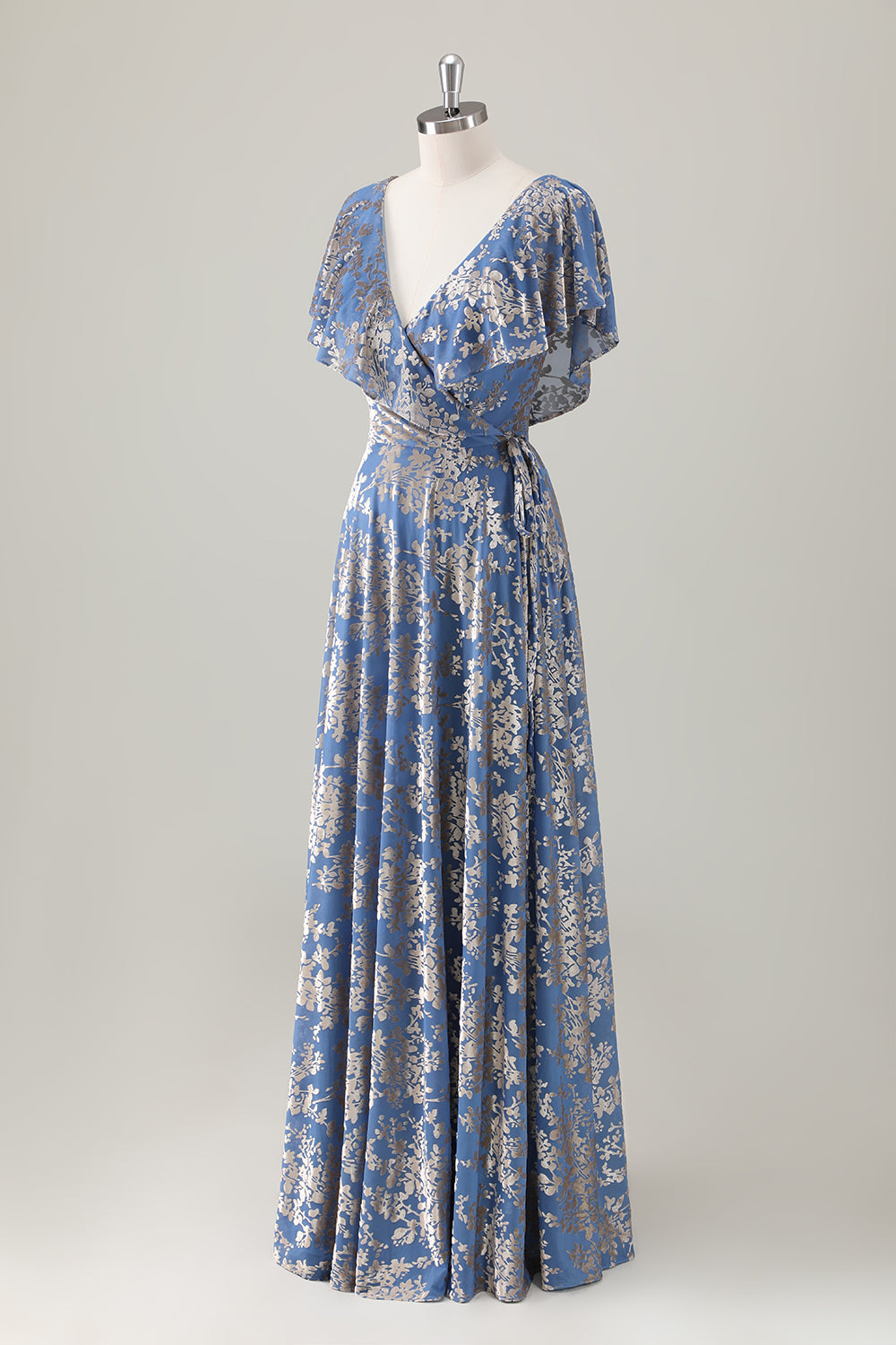 Sparkly Grey Blue Print Ruffled V Neck Pleated Maxi Dress - Image 3
