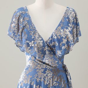 Sparkly Grey Blue Print Ruffled V Neck Pleated Maxi Dress - Image 4