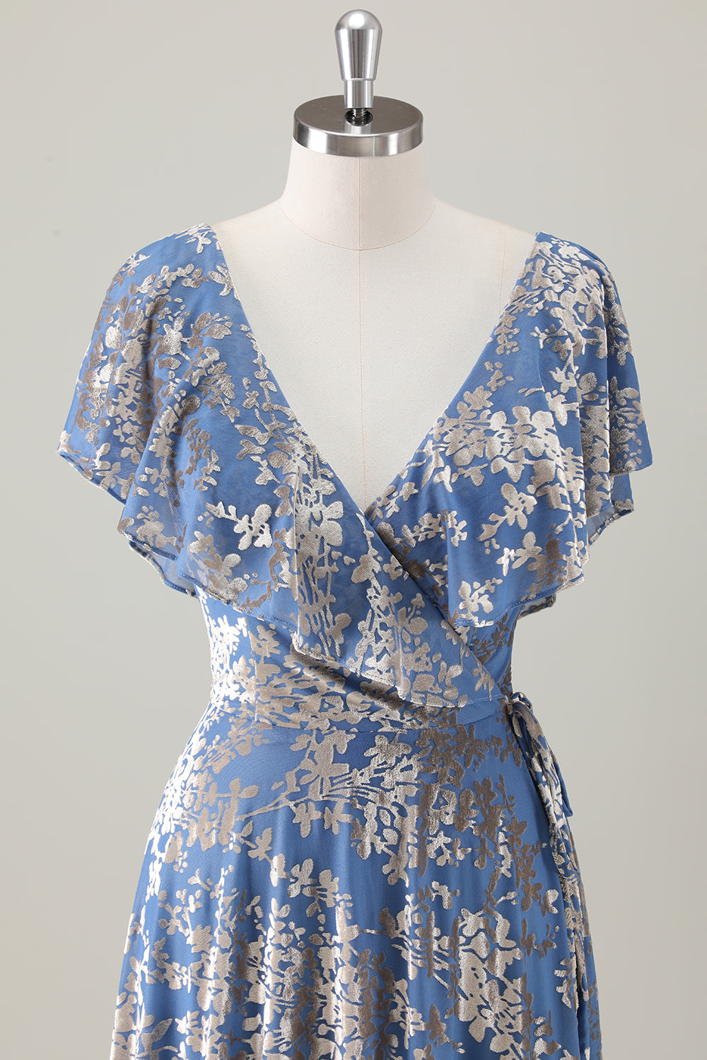 Sparkly Grey Blue Print Ruffled V Neck Pleated Maxi Dress - Image 4