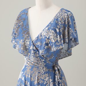 Sparkly Grey Blue Print Ruffled V Neck Pleated Maxi Dress - Image 5