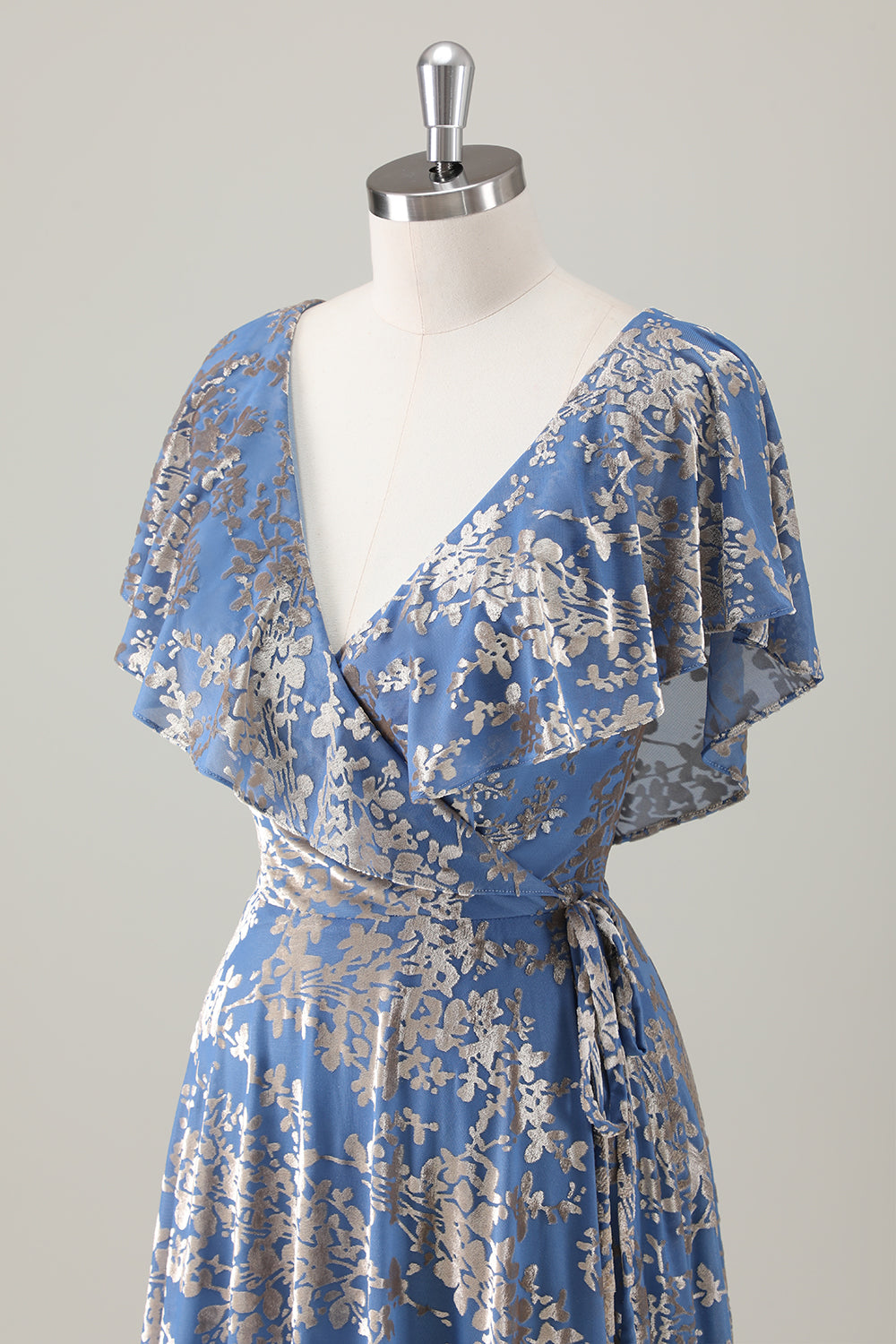 Sparkly Grey Blue Print Ruffled V Neck Pleated Maxi Dress - Image 5