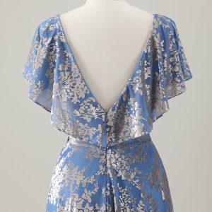 Sparkly Grey Blue Print Ruffled V Neck Pleated Maxi Dress - Image 6