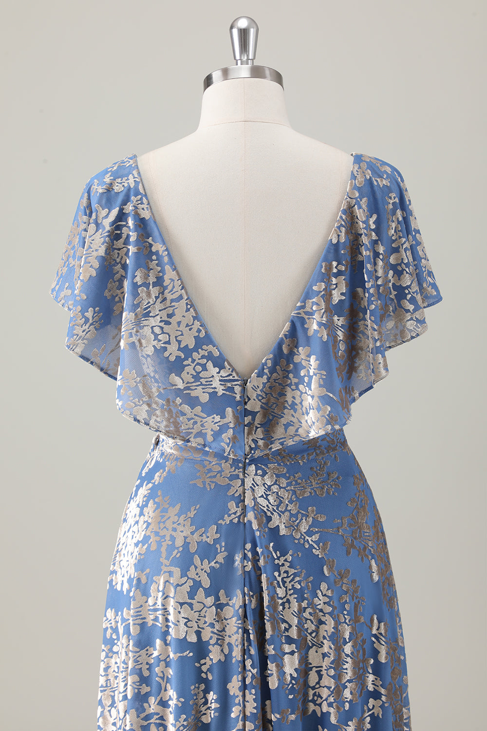 Sparkly Grey Blue Print Ruffled V Neck Pleated Maxi Dress - Image 6