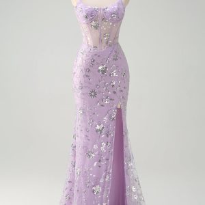 Sparkly Lilac Corset Mermaid Slit Prom Dress with Lace-up Back - Image 1
