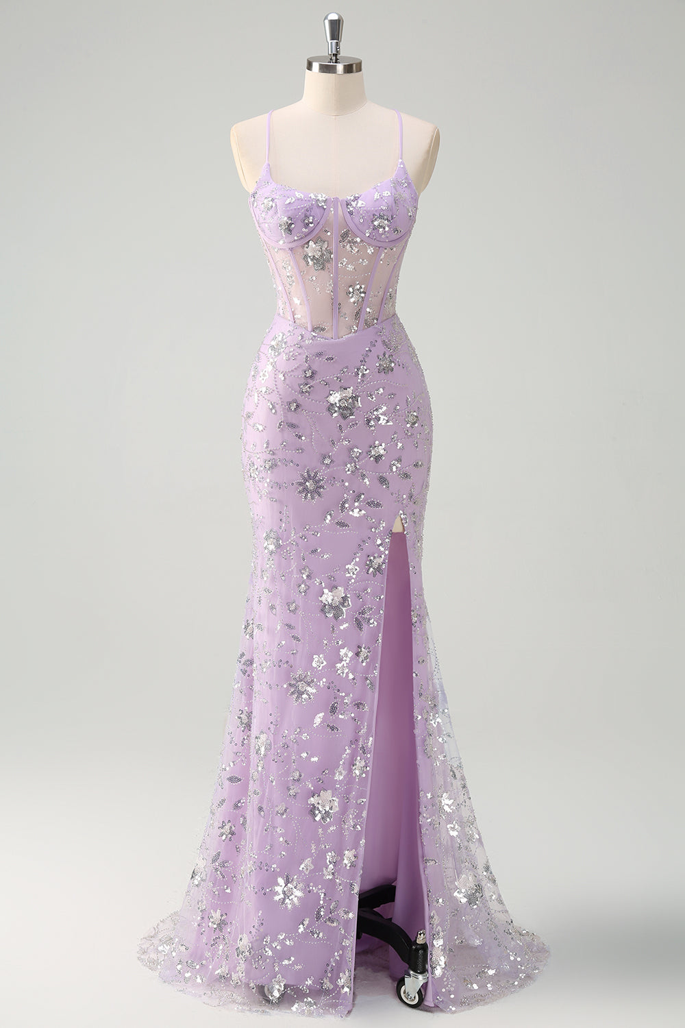 Sparkly Lilac Corset Mermaid Slit Prom Dress with Lace-up Back - Image 1