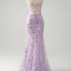 Sparkly Lilac Corset Mermaid Slit Prom Dress with Lace-up Back - Image 2