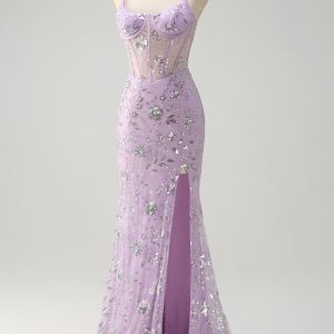 Sparkly Lilac Corset Mermaid Slit Prom Dress with Lace-up Back - Image 3