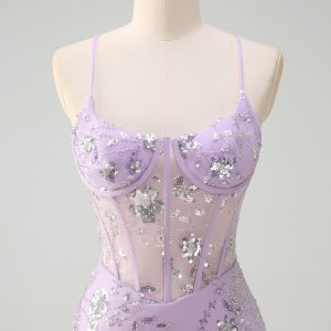 Sparkly Lilac Corset Mermaid Slit Prom Dress with Lace-up Back - Image 4