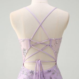 Sparkly Lilac Corset Mermaid Slit Prom Dress with Lace-up Back - Image 5
