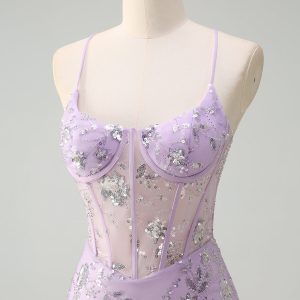 Sparkly Lilac Corset Mermaid Slit Prom Dress with Lace-up Back - Image 6