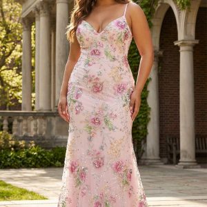 Sparkly Mermaid Pius Size Pink Floral Prom Dress - Image 3