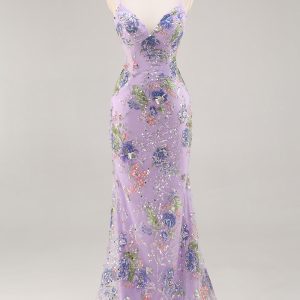 Sparkly Lilac Mermaid Appliqued Prom Dress with Sequins - Image 1