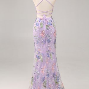 Sparkly Lilac Mermaid Appliqued Prom Dress with Sequins - Image 2