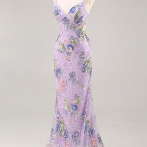 Sparkly Lilac Mermaid Appliqued Prom Dress with Sequins - Image 3