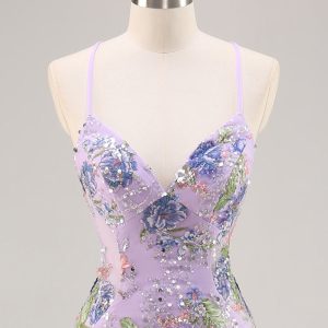 Sparkly Lilac Mermaid Appliqued Prom Dress with Sequins - Image 4