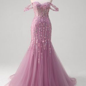 Sparkly Grey Purple Mermaid Off the Shoulder Prom Dress with Appliques - Image 1