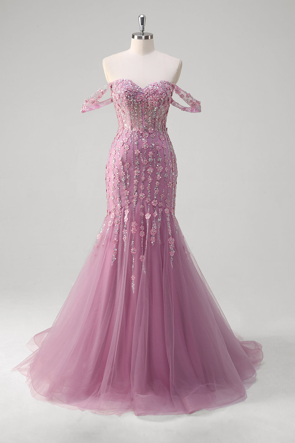 Sparkly Grey Purple Mermaid Off the Shoulder Prom Dress with Appliques - Image 1