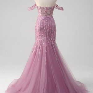 Sparkly Grey Purple Mermaid Off the Shoulder Prom Dress with Appliques - Image 2