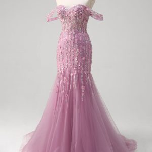 Sparkly Grey Purple Mermaid Off the Shoulder Prom Dress with Appliques - Image 3