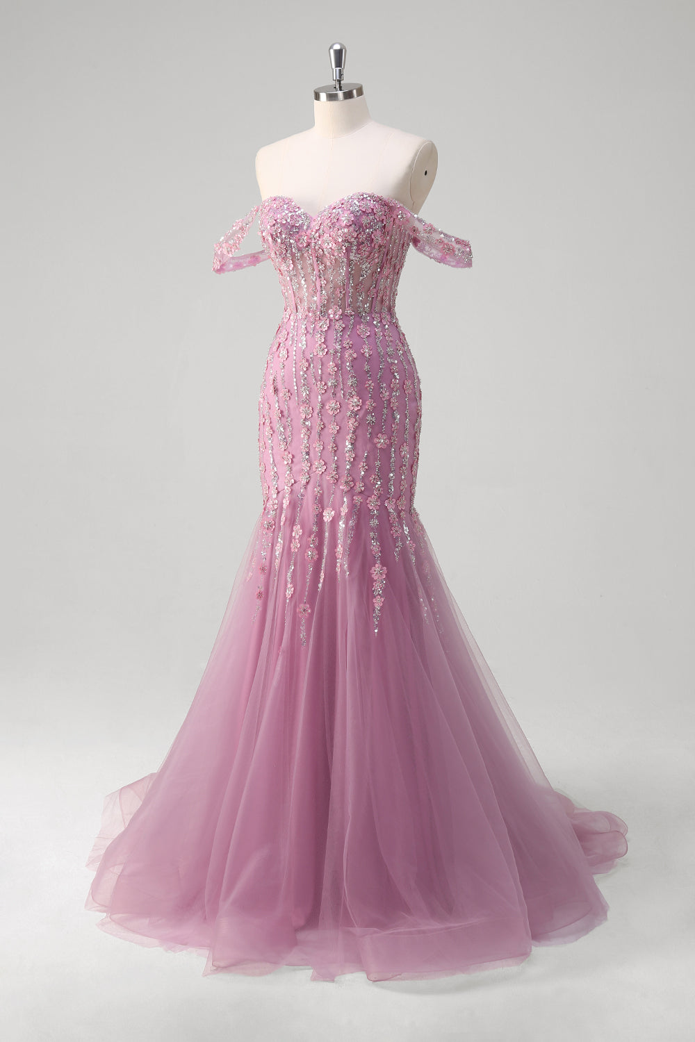 Sparkly Grey Purple Mermaid Off the Shoulder Prom Dress with Appliques - Image 3