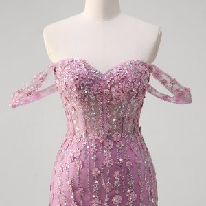 Sparkly Grey Purple Mermaid Off the Shoulder Prom Dress with Appliques - Image 4