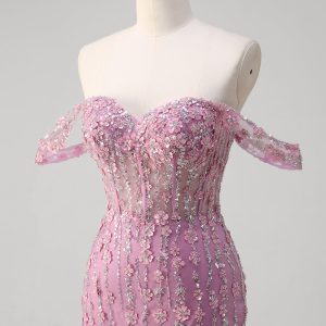 Sparkly Grey Purple Mermaid Off the Shoulder Prom Dress with Appliques - Image 6
