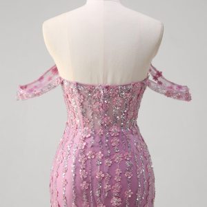 Sparkly Grey Purple Mermaid Off the Shoulder Prom Dress with Appliques - Image 5