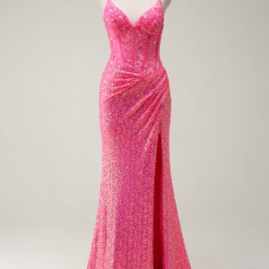 Sparkly Hot Pink Sequin Corset Mermaid Prom Dress with Slit - Image 1