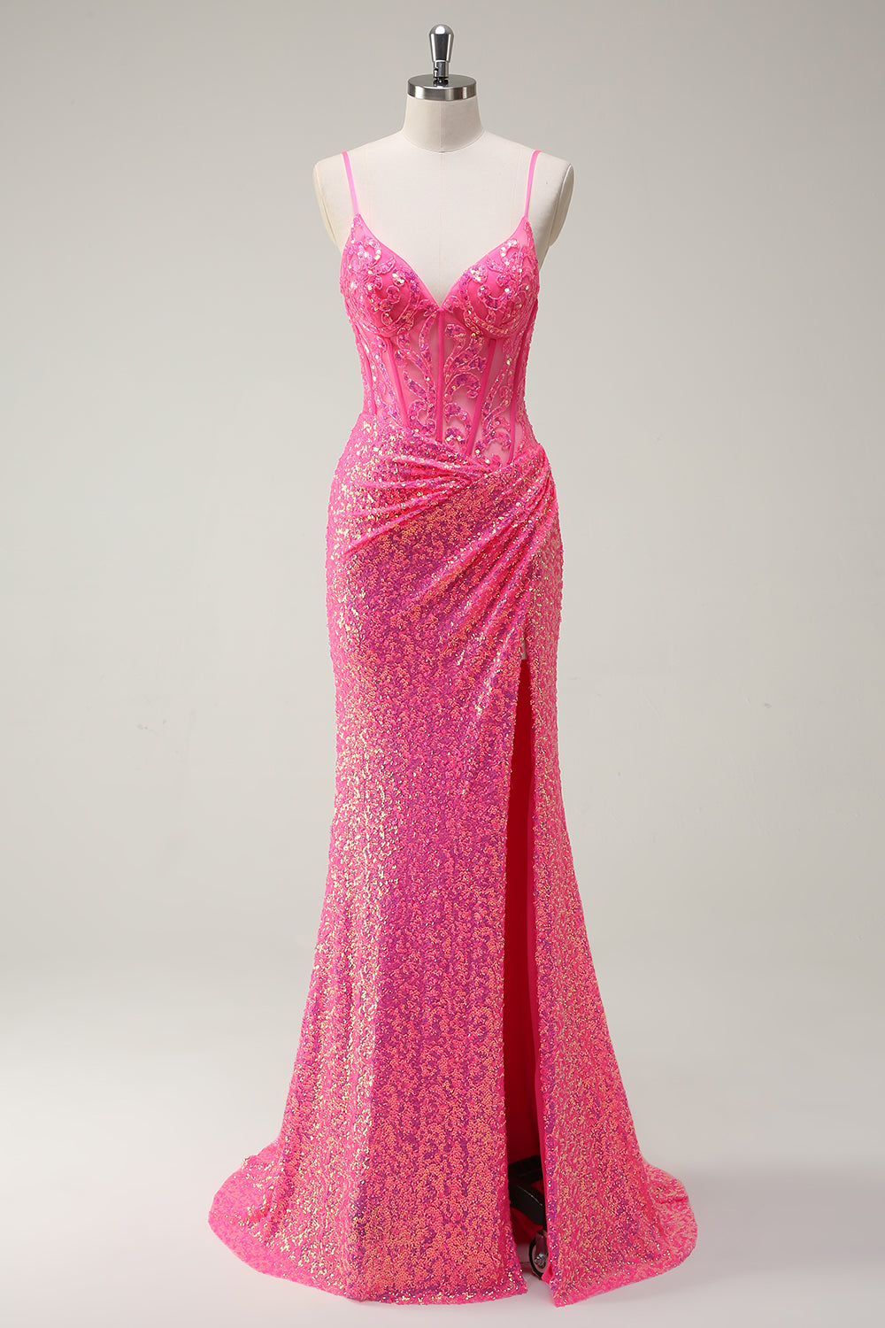 Sparkly Hot Pink Sequin Corset Mermaid Prom Dress with Slit - Image 1