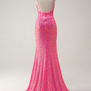Sparkly Hot Pink Sequin Corset Mermaid Prom Dress with Slit - Image 2