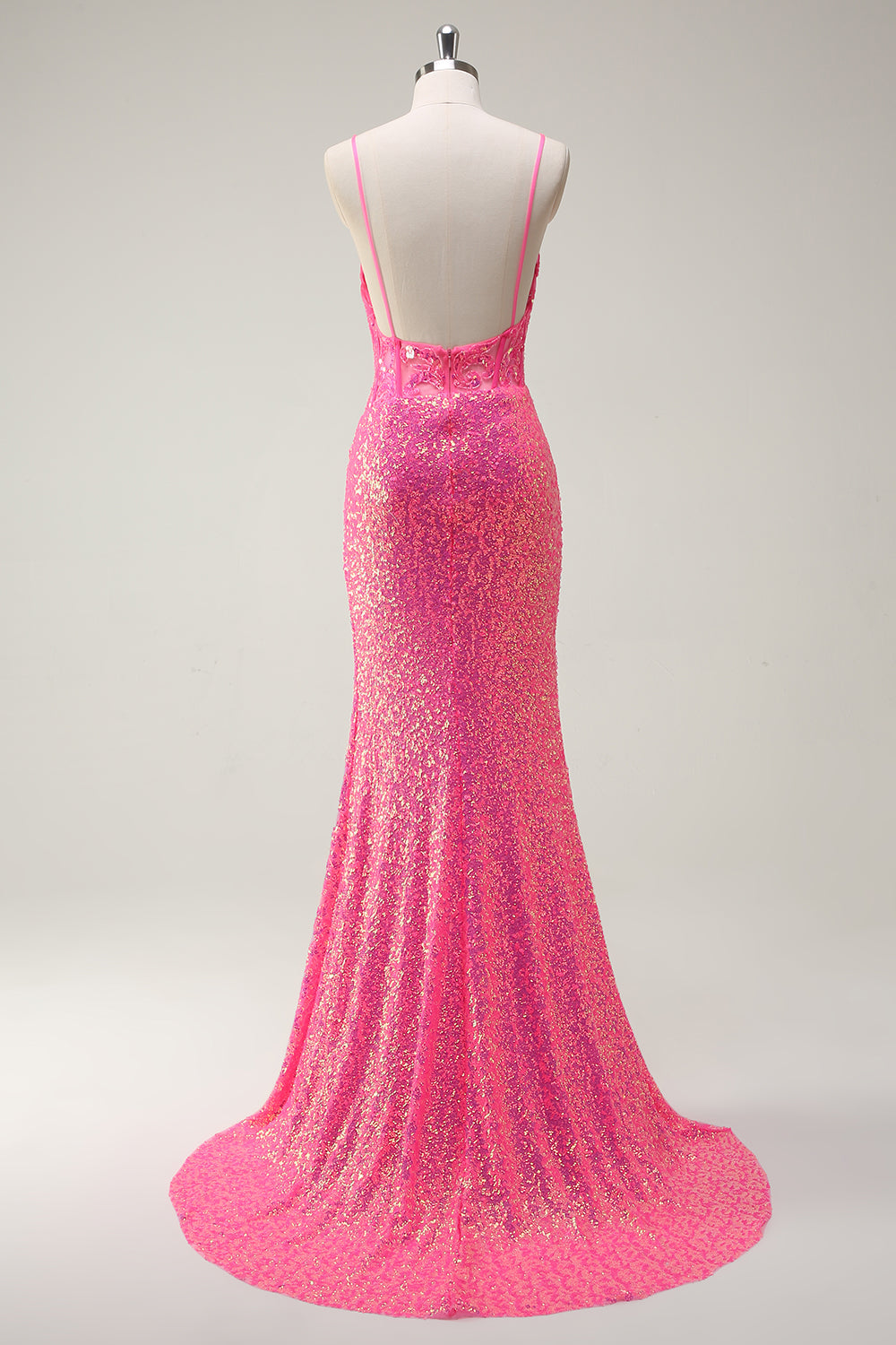 Sparkly Hot Pink Sequin Corset Mermaid Prom Dress with Slit - Image 2