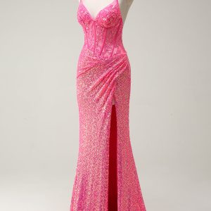 Sparkly Hot Pink Sequin Corset Mermaid Prom Dress with Slit - Image 3
