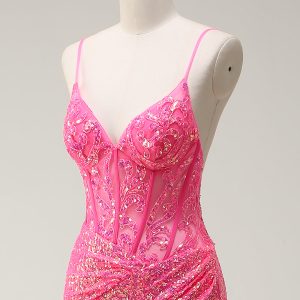 Sparkly Hot Pink Sequin Corset Mermaid Prom Dress with Slit - Image 6