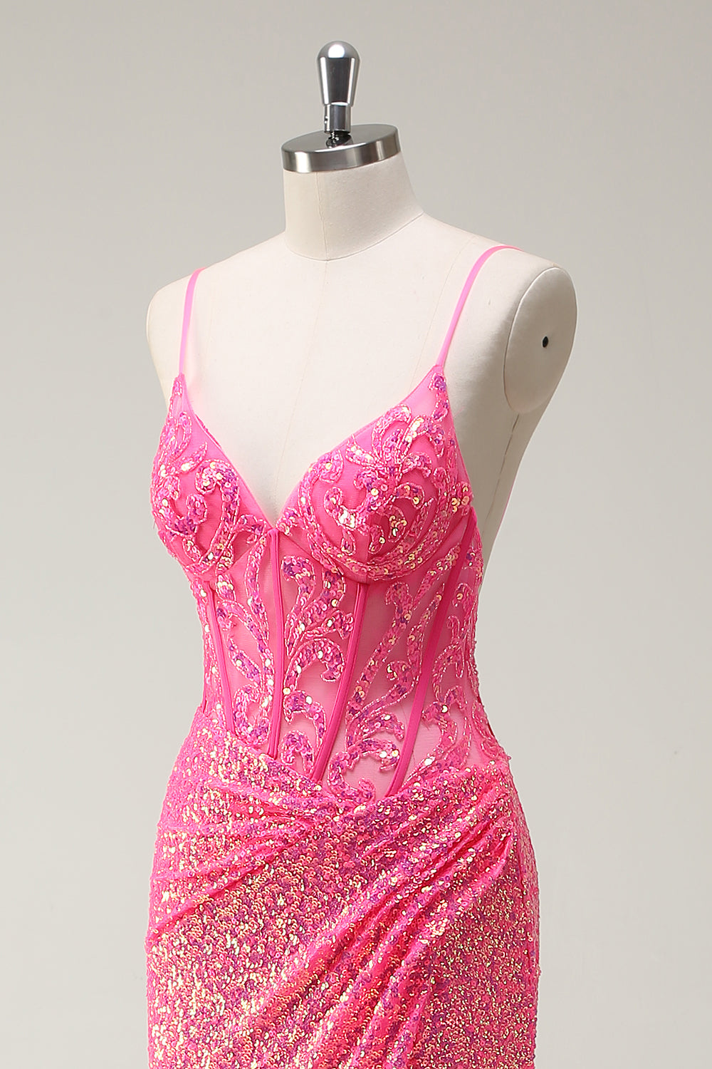 Sparkly Hot Pink Sequin Corset Mermaid Prom Dress with Slit - Image 6